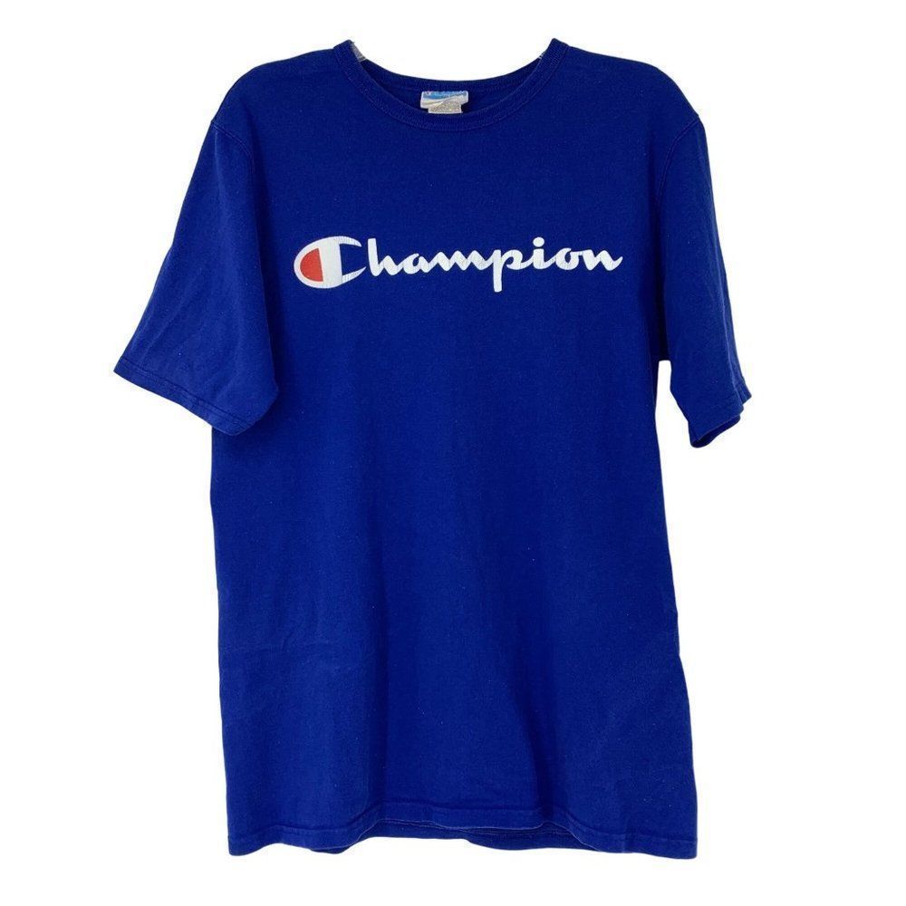 Mens Vintage Champion Tshirt Blue Logo 90's Short Sleeve Thick Large 2943
